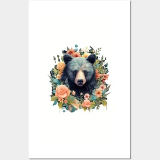 Nature's Embrace: Vintage Black Bear Botanical Illustration Posters and Art